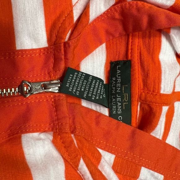 Lauren Ralph Lauren Orange White Stripe Long Sleeve Top Drawstring Waist Sz L - Picture 3 of 9